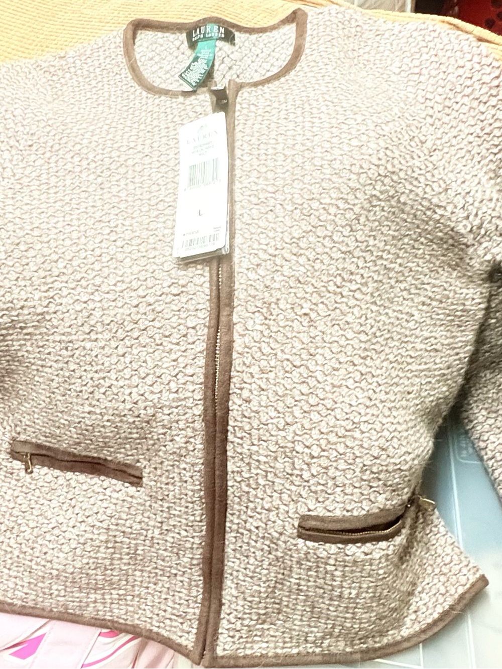 Lauren Ralph Lauren Beige Knit Zip-Front Jacket with Brown Trim